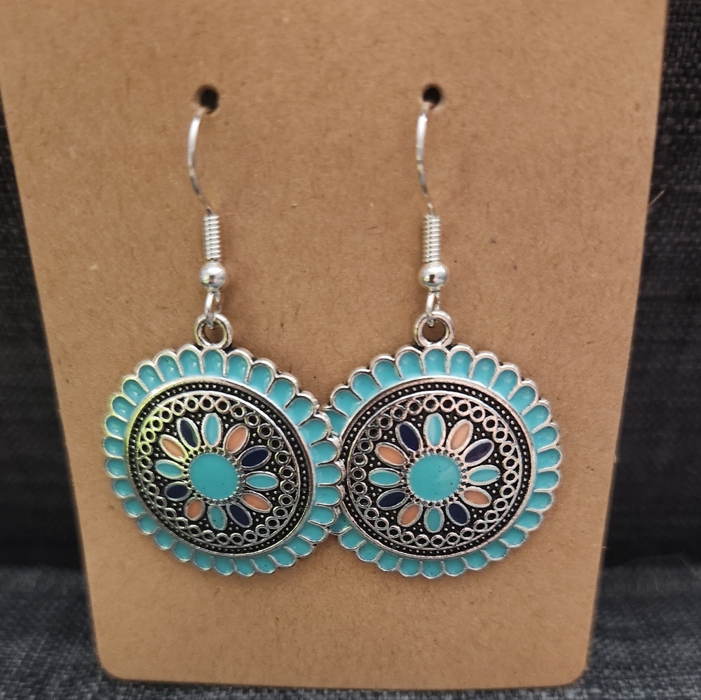 Boho Mandala Earrings – Turquoise & Peach Floral Design